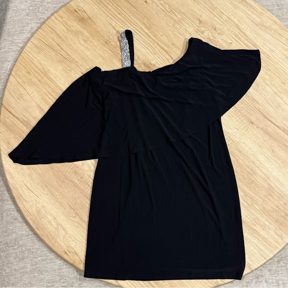 Roz & Ali Black One-Shoulder Dress with Silver and Pearl Accent
